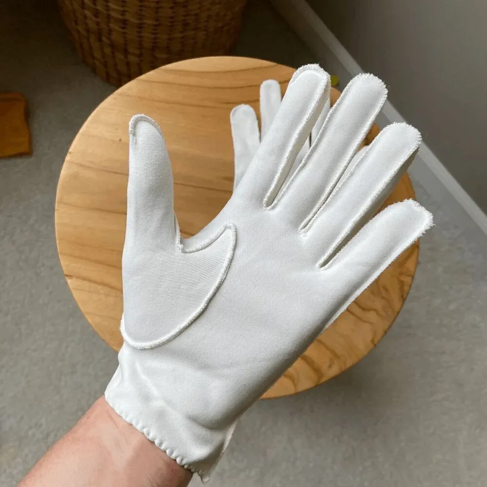 Vintage 1960s White Cotton Gloves with White Embroidered Flower Details Wrist Le